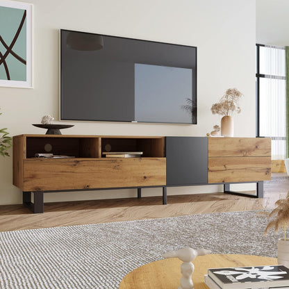 TV Lowboard 180cm mit 2 Schubladen – Schwarz & Holzoptik