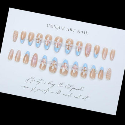 Press on Nails Almond Nude Blau French 3D Blumen Sommernägel