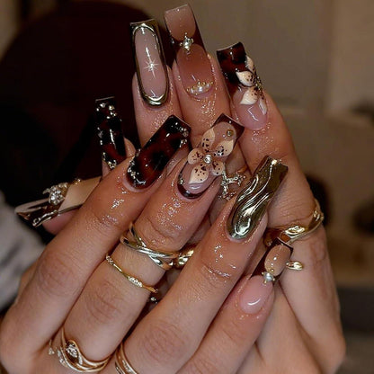 MouyouGlow Press On Nails Leopard French Blumen Nageldesign
