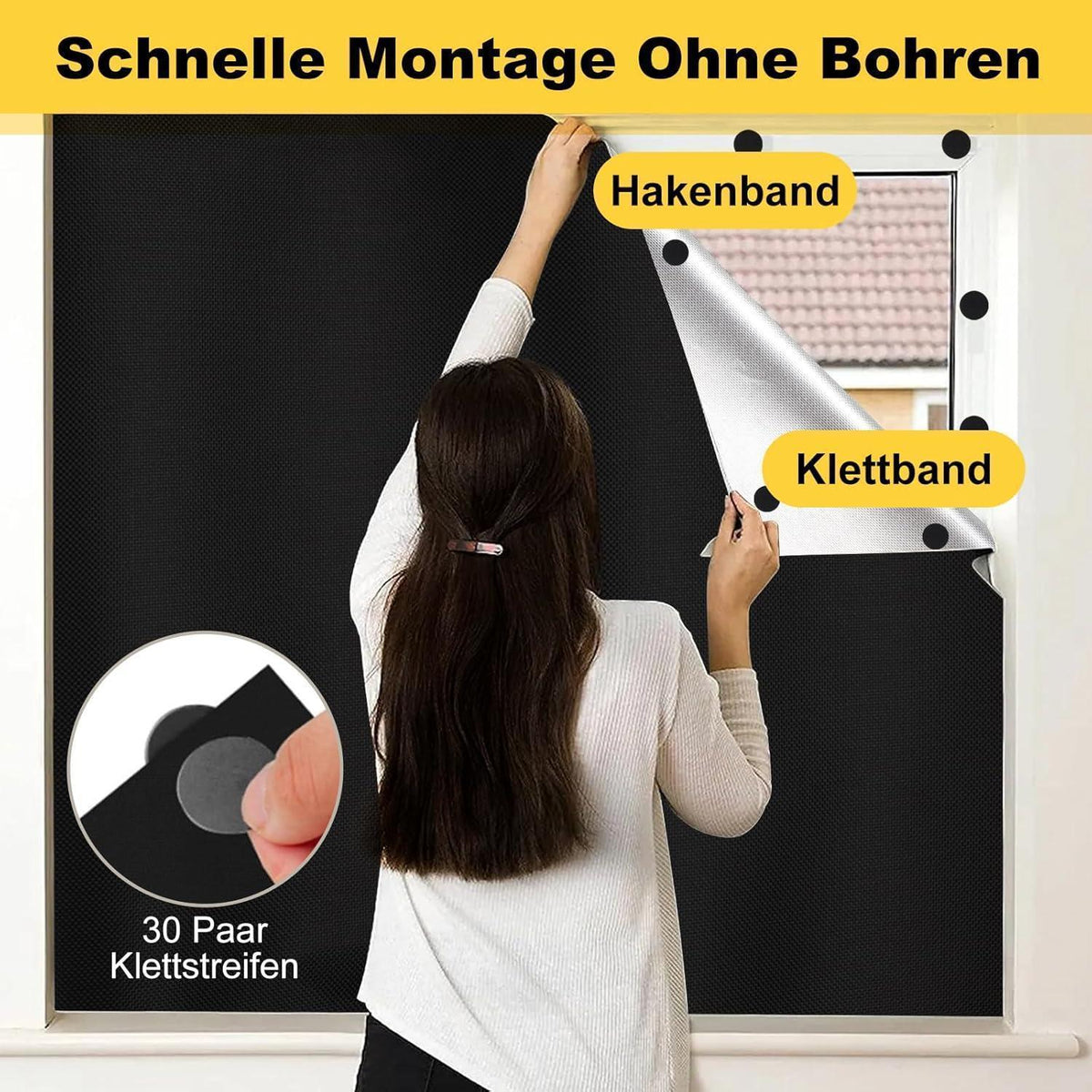 Verdunkelungsrollo ohne Bohren für Fenster, 100% Abdunkelung, 100x145cm