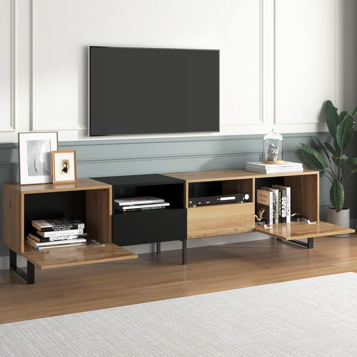TV Lowboard Schwarz & Holz – 190x38x48cm mit 2 Türen & Schubladen