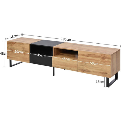 TV Lowboard Schwarz & Holz – 190x38x48cm mit 2 Türen & Schubladen