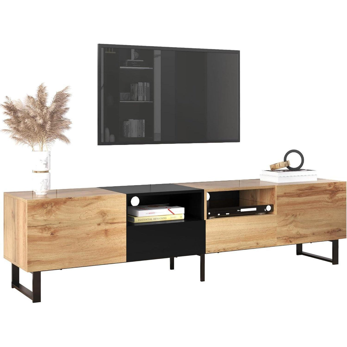 TV Lowboard Schwarz & Holz – 190x38x48cm mit 2 Türen & Schubladen