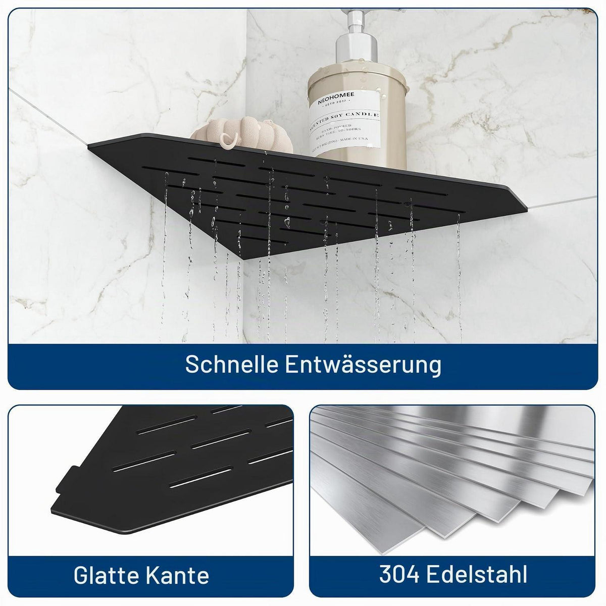 Eck-Duschregal Edelstahl Schwarz 25x25cm – Bohrlos & Platzsparend