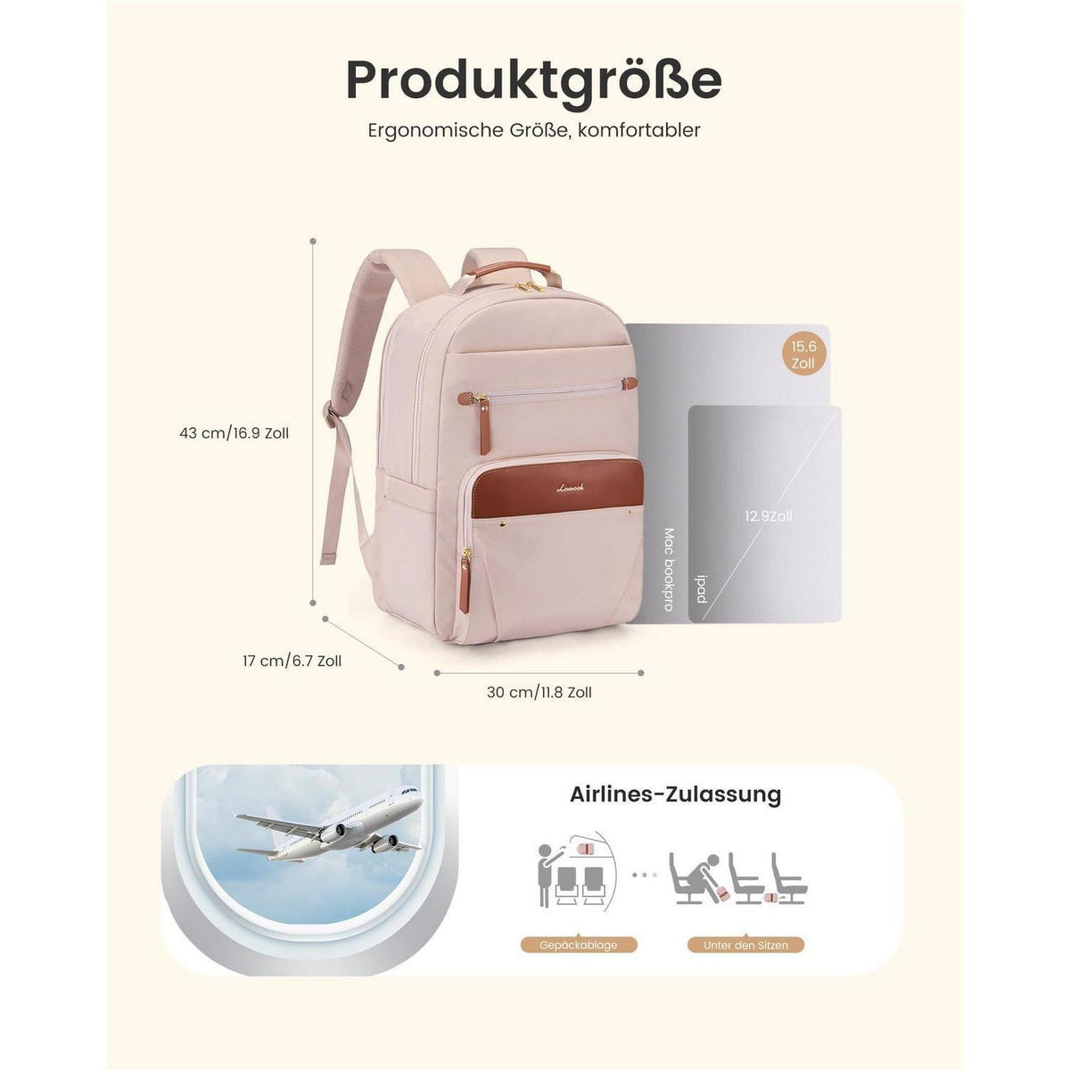 Wasserdichter Laptop Rucksack Damen 15,6 Zoll – Beige+Khaki
