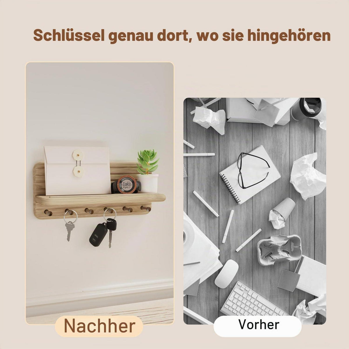 Schlüsselbrett Holz mit Ablage und 6 Haken