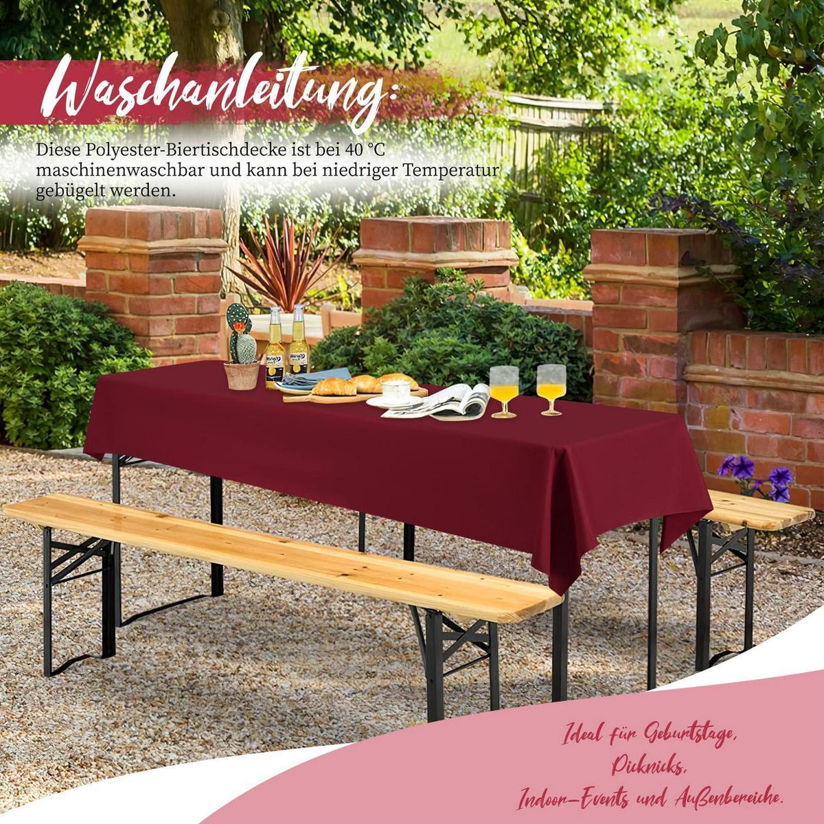 12x Biertisch Tischdecke Burgund – 250x100 cm, Waschbar & Pflegeleicht