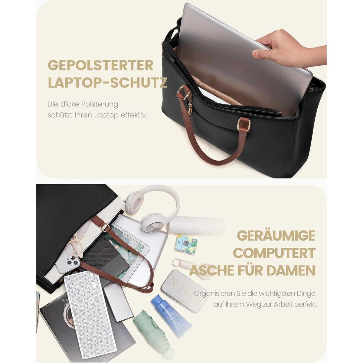 Laptoptasche Damen 15,6 Zoll, Elegante Arbeitstasche mit Laptopfach, Dunkelblau+beige