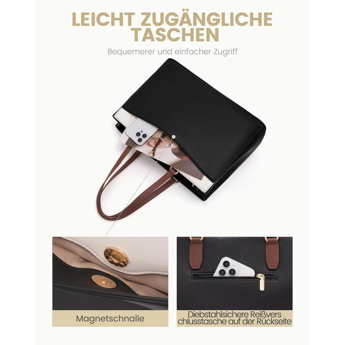 Laptoptasche Damen 15,6 Zoll, Elegante Arbeitstasche mit Laptopfach, Dunkelblau+beige