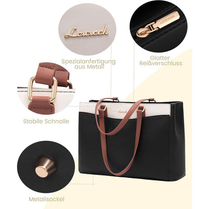 Laptoptasche Damen 15,6 Zoll, Elegante Arbeitstasche mit Laptopfach, Dunkelblau+beige