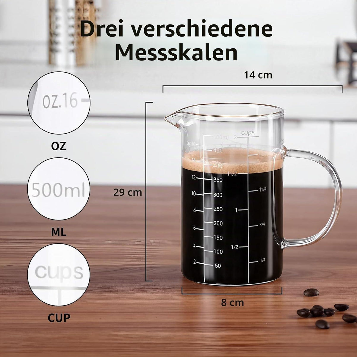 Glas Messbecher 500ml mit 3 Skalen für Küche & Backen