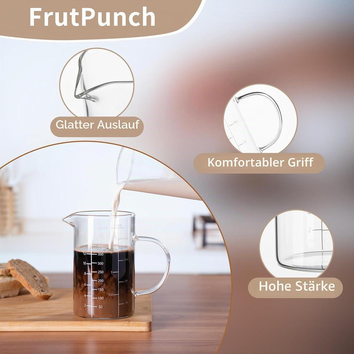 Glas Messbecher 500ml mit 3 Skalen für Küche & Backen