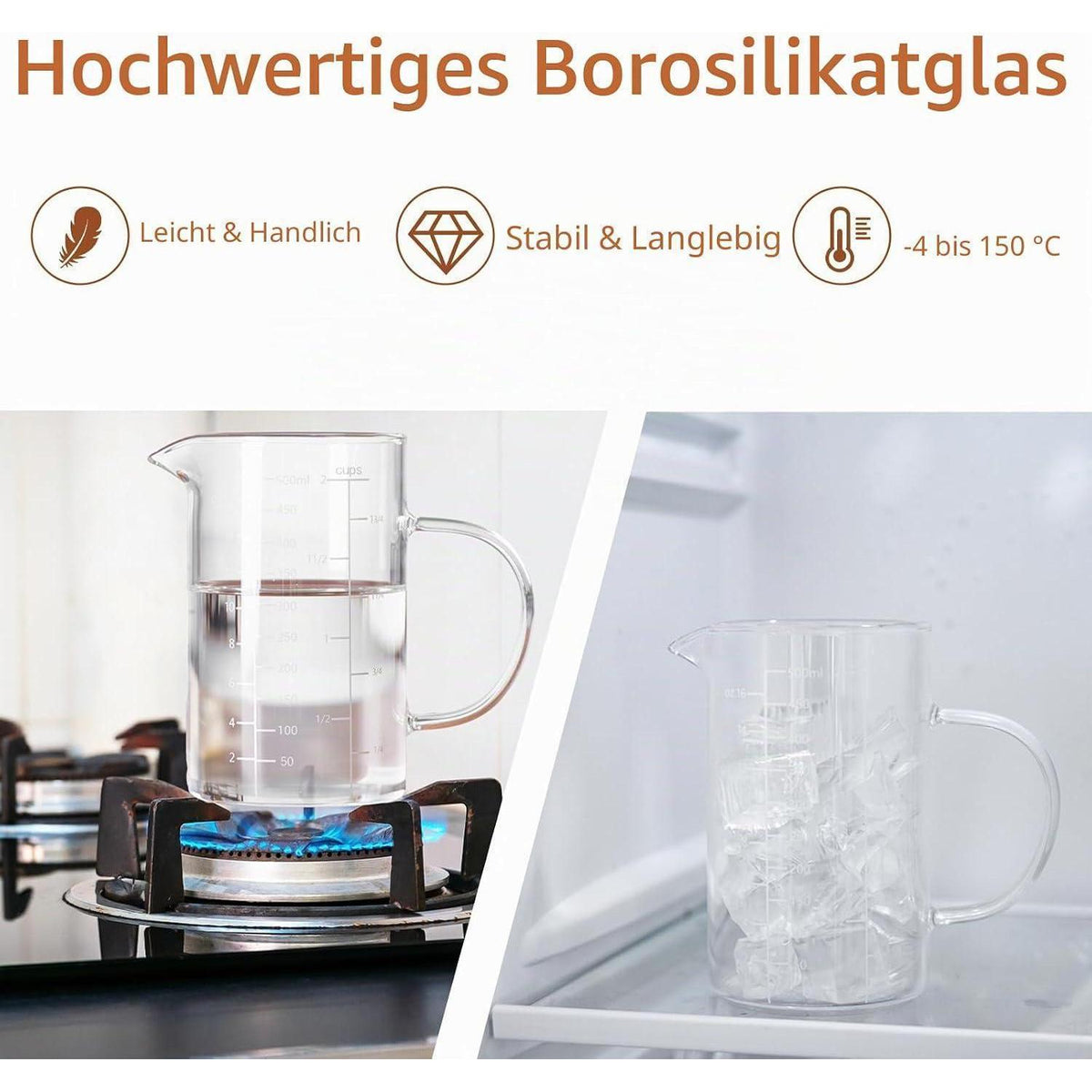 Glas Messbecher 500ml mit 3 Skalen für Küche & Backen