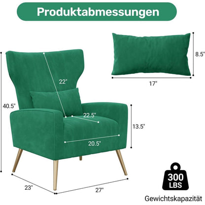 2er-Set Samt Relaxsessel mit Kopfkissen & Goldfüßen, Grün