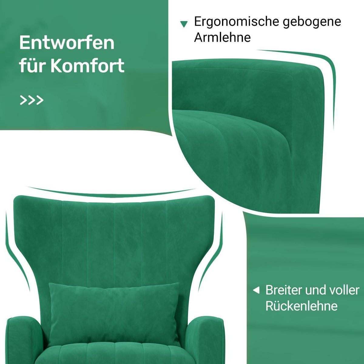 2er-Set Samt Relaxsessel mit Kopfkissen & Goldfüßen, Grün