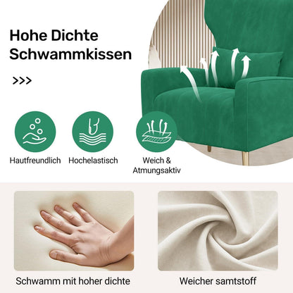 2er-Set Samt Relaxsessel mit Kopfkissen & Goldfüßen, Grün