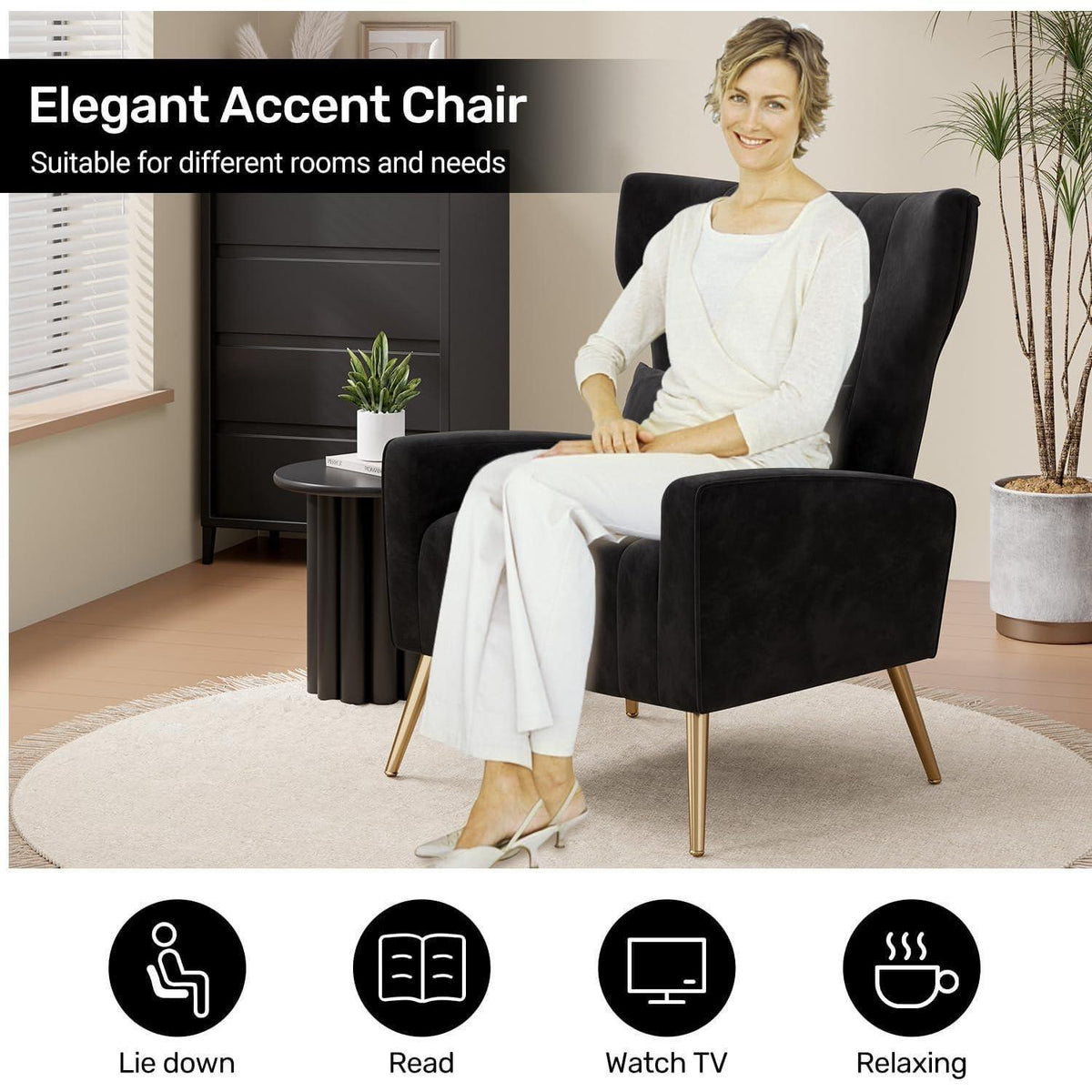 Relaxsessel 2er-Set mit Kopfkissen & Goldfüßen, Schwarz