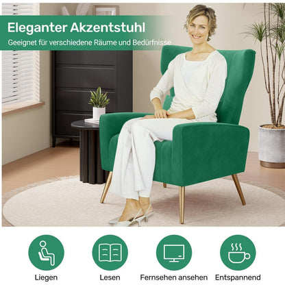 Samt Relaxsessel mit Kopfkissen & Goldfüßen – Grün