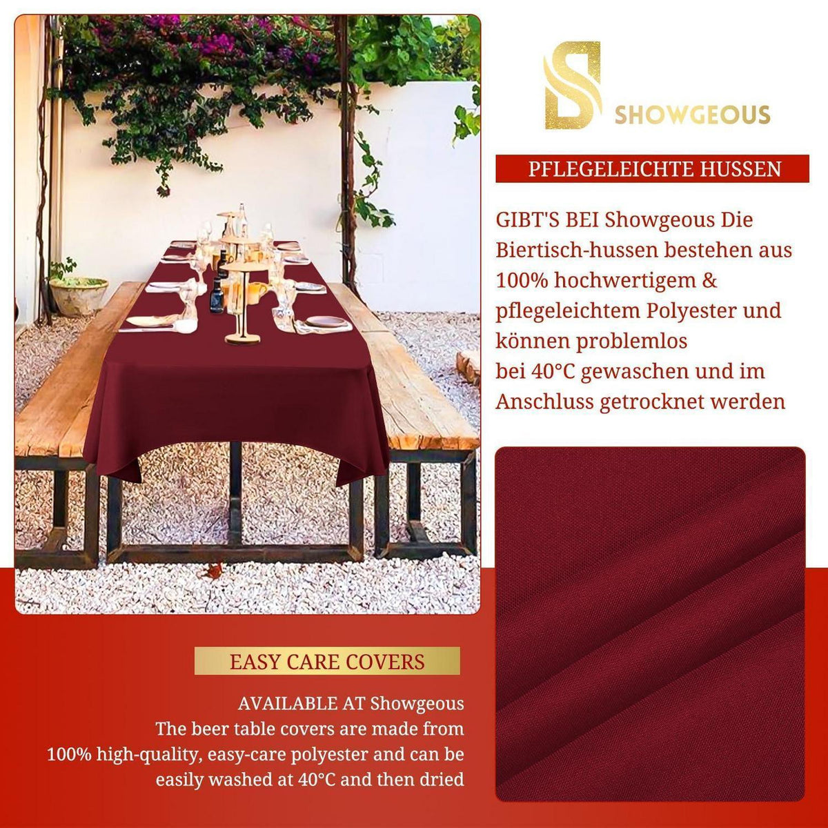 Biertisch Tischdecke 10er-Pack Bordeauxrot 250x100cm Waschbar