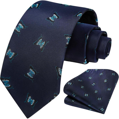 Herren Krawatten Set mit Tiermuster und Einstecktuch, Navy Blau