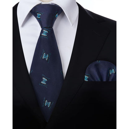 Herren Krawatten Set mit Tiermuster und Einstecktuch, Navy Blau