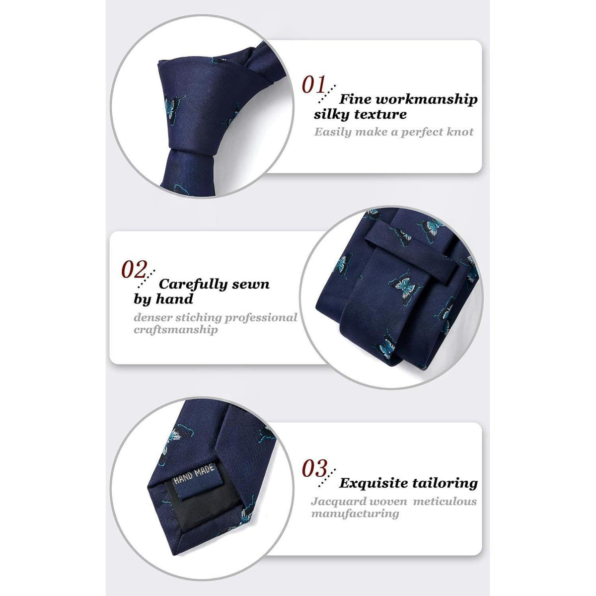 Herren Krawatten Set mit Tiermuster und Einstecktuch, Navy Blau