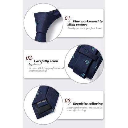 Herren Krawatten Set mit Tiermuster und Einstecktuch, Navy Blau