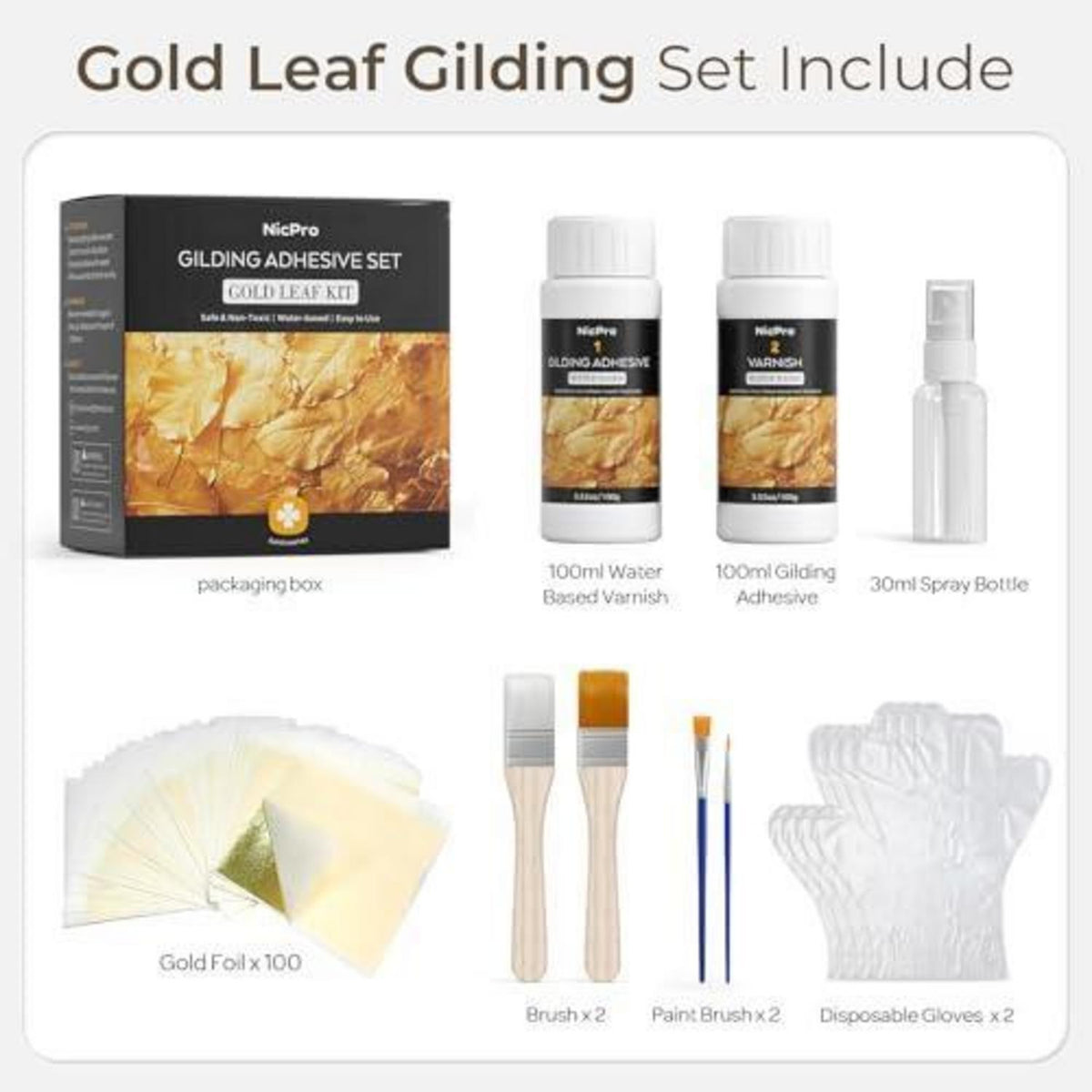 Blattgold Set mit Kleber, Lack & Pinseln – 100 Blatt