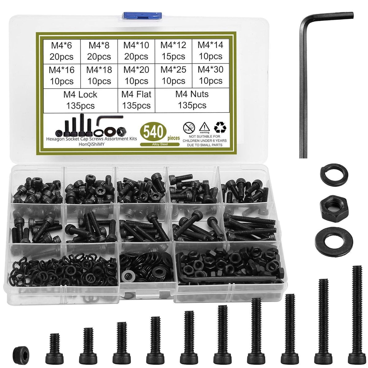 Schraubenset M4 Schwarz Sechskant mit Muttern & Unterlegscheiben 540 Teile
