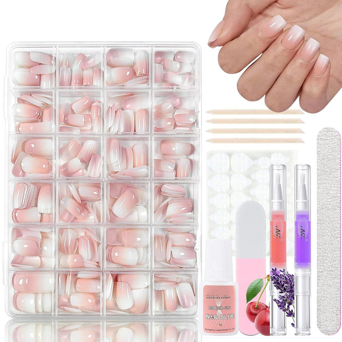 360 Press On Nails Farbverlauf Kurz – Set mit Nagelöl & Kleber
