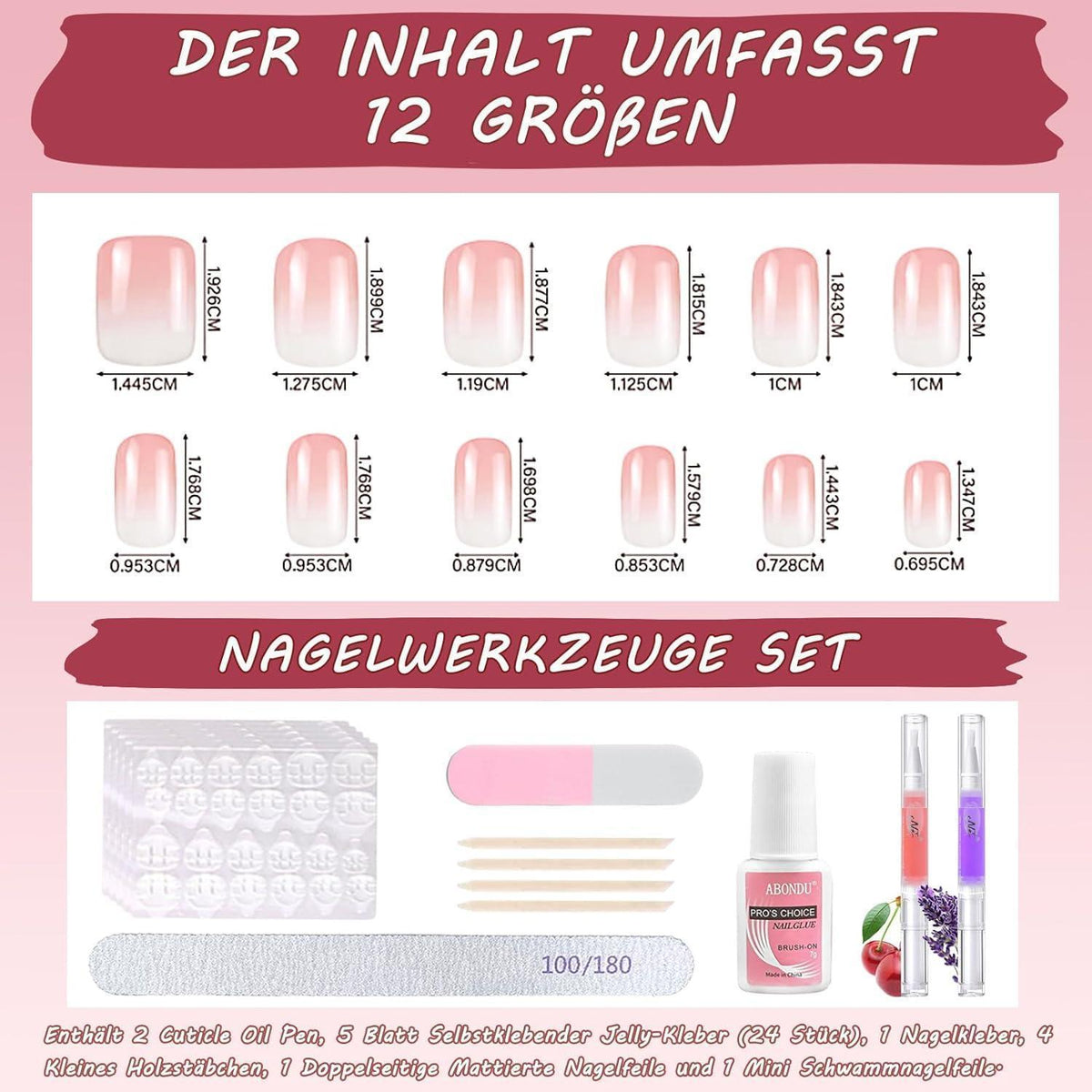 360 Press On Nails Farbverlauf Kurz – Set mit Nagelöl & Kleber