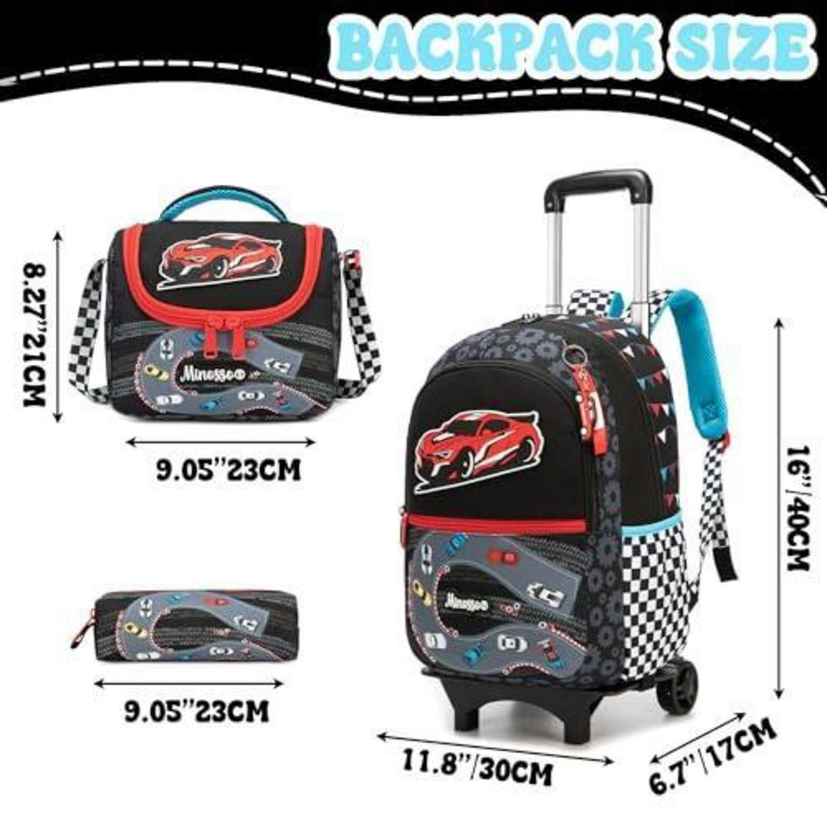 Schulranzen Trolley 3tlg. Set für Jungen – Rucksack, Lunchtasche, Federmäppchen Schwarz