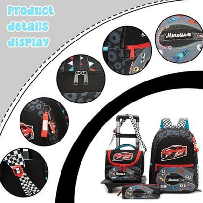 Schulranzen Trolley 3tlg. Set für Jungen – Rucksack, Lunchtasche, Federmäppchen Schwarz