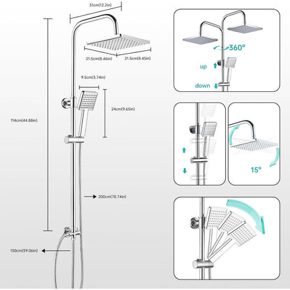 Regendusche Set Chrome Eckig 21x21cm Höhenverstellbar
