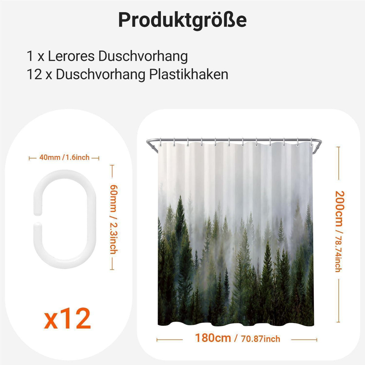 Duschvorhang Nebel Wald 180x200 cm, Wasserabweisend, Waschbar