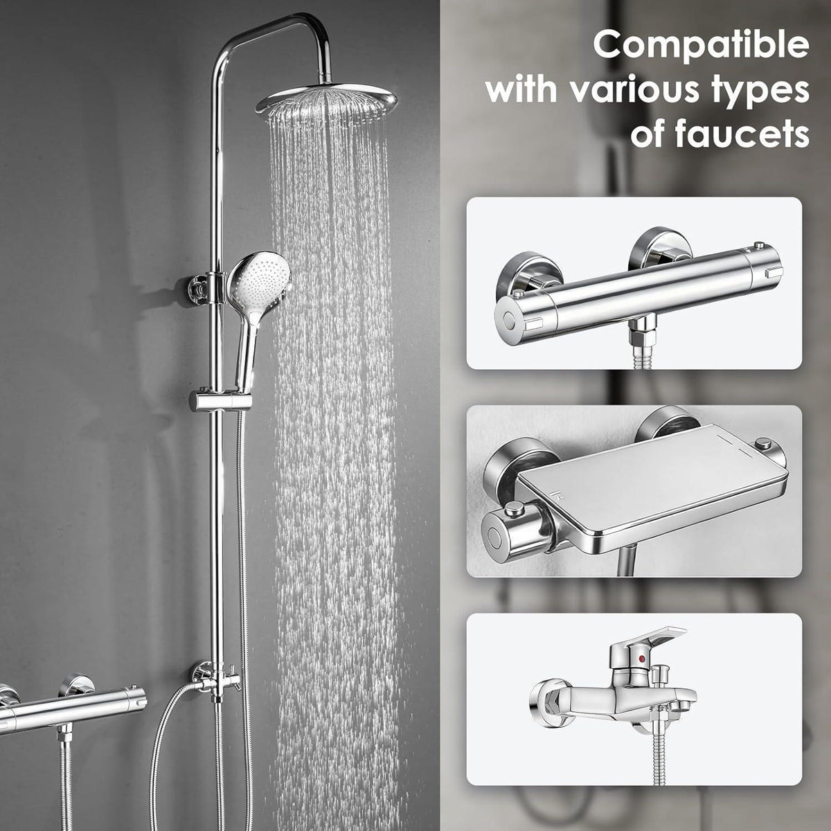 Regendusche Set Chrome, Höhenverstellbar, 23cm Rund-Duschkopf