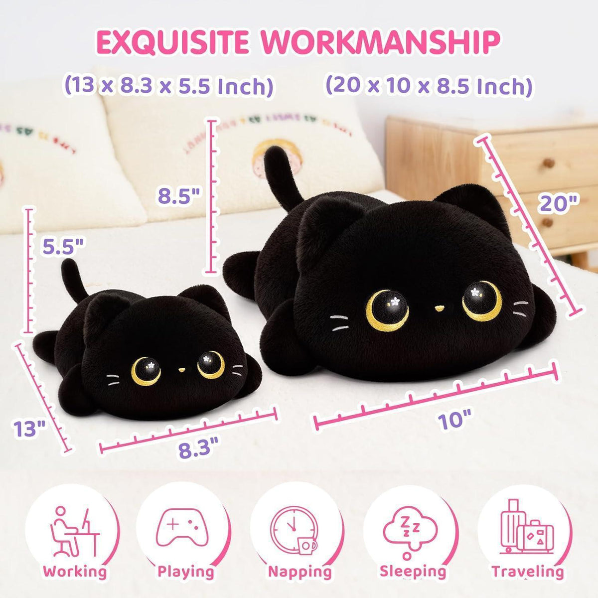 Kawaii Schwarzes Katzenplüschkissen 51cm - Kuscheliges Plüschtier Geschenk