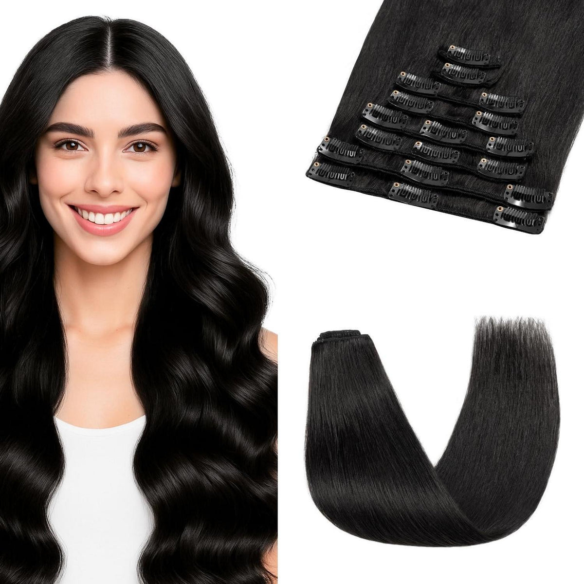 Echthaar Clip-In Extensions Schwarz #01 - 24 Zoll, 80g