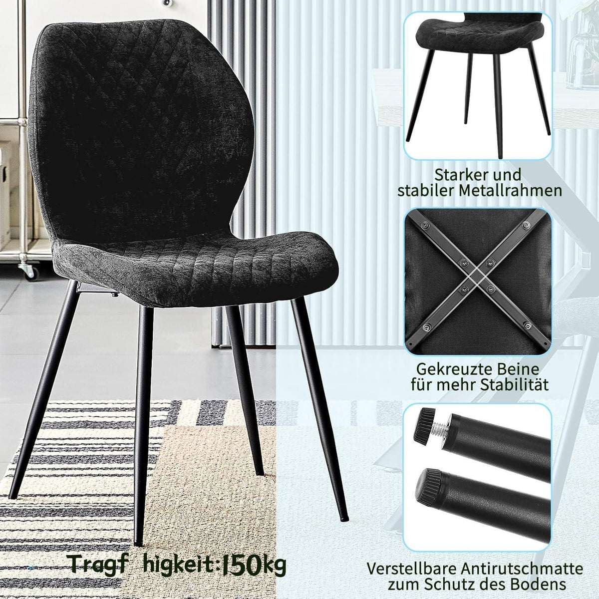 Esszimmerstühle 6er Set, Gepolsterte Leinenstühle Schwarz