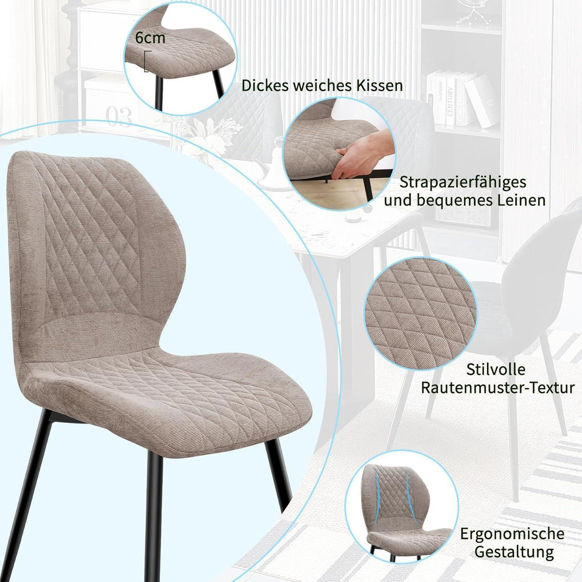 Gepolsterte Esszimmerstühle 6er Set – Braun, Ergonomisch & Modern