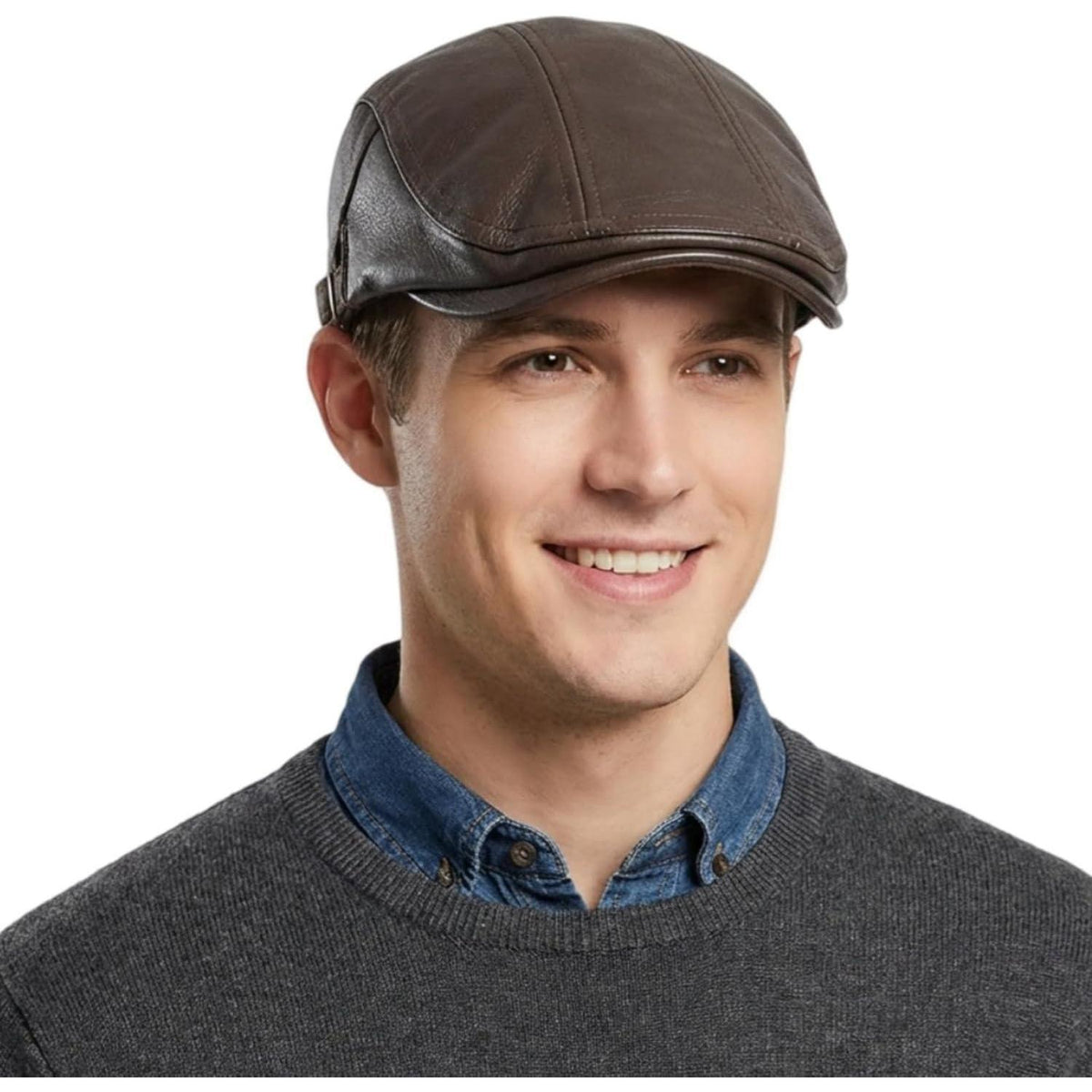 Schiebermütze Herren – Verstellbare Newsboy Cap Kaffee in Lederoptik