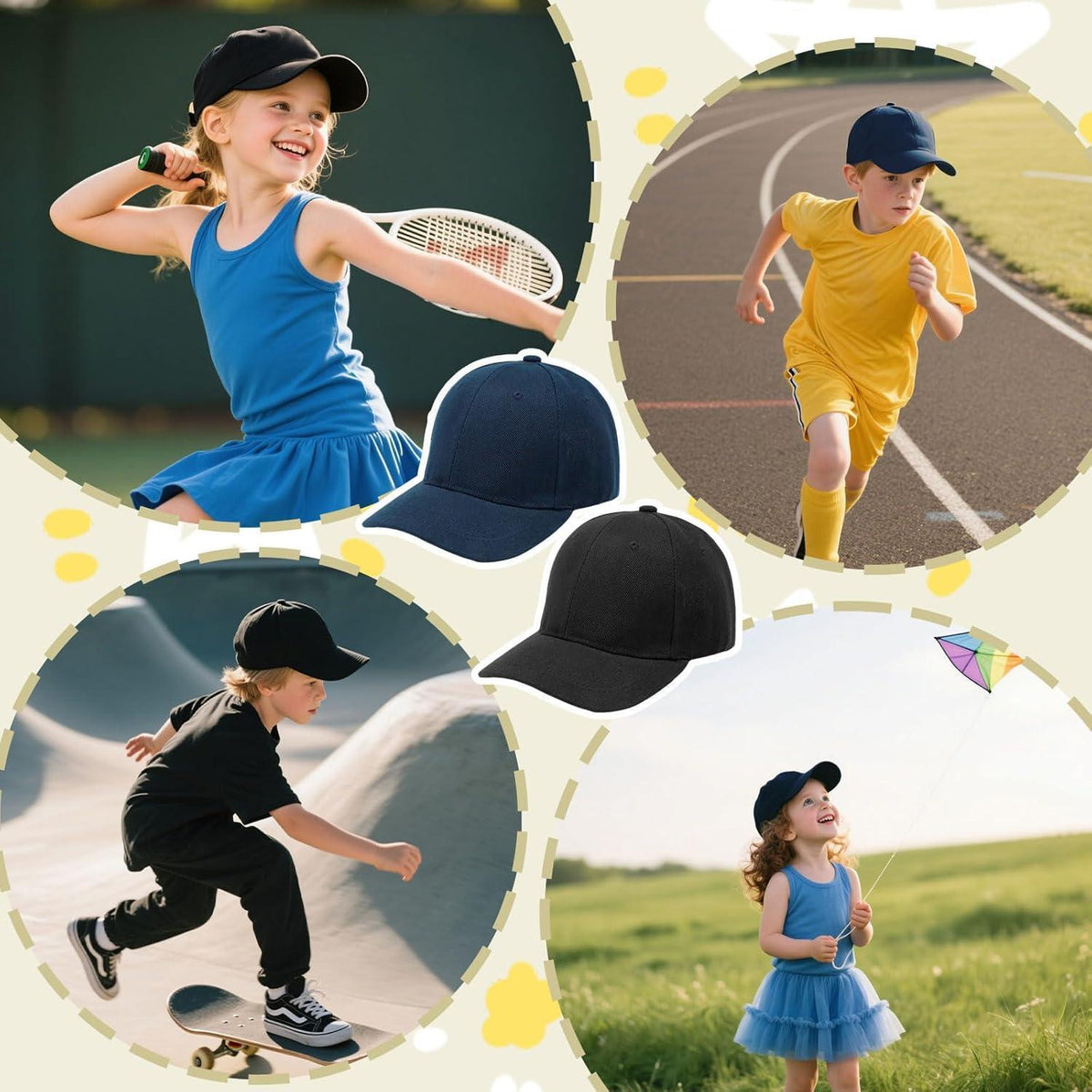 2x Kinder Baseballkappen - Schwarz & Marineblau, Verstellbar