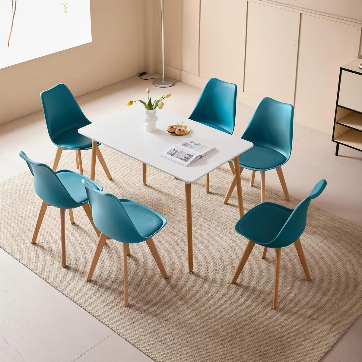Esszimmer-Set Holz mit 6 skandinavischen Stühlen dunkelblau