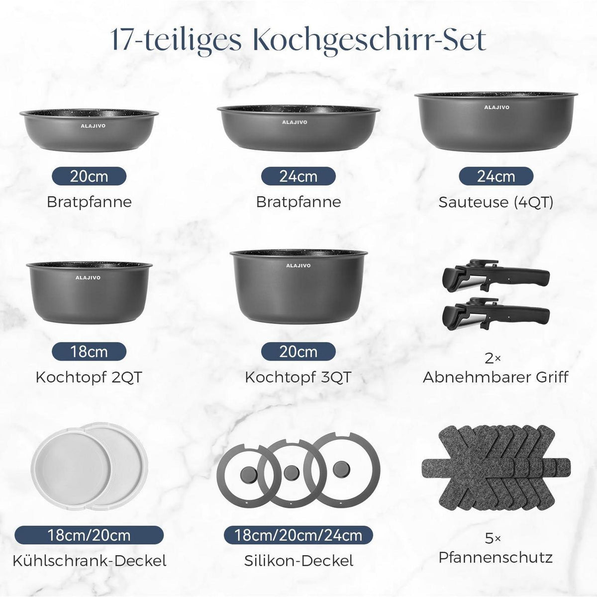 17-teiliges Topfset mit abnehmbarem Griff & Antihaftbeschichtung