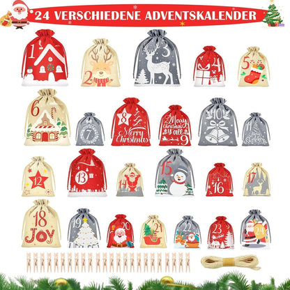 Adventskalender zum Befüllen 2026 – 24 Stoffbeutel mit Zubehör