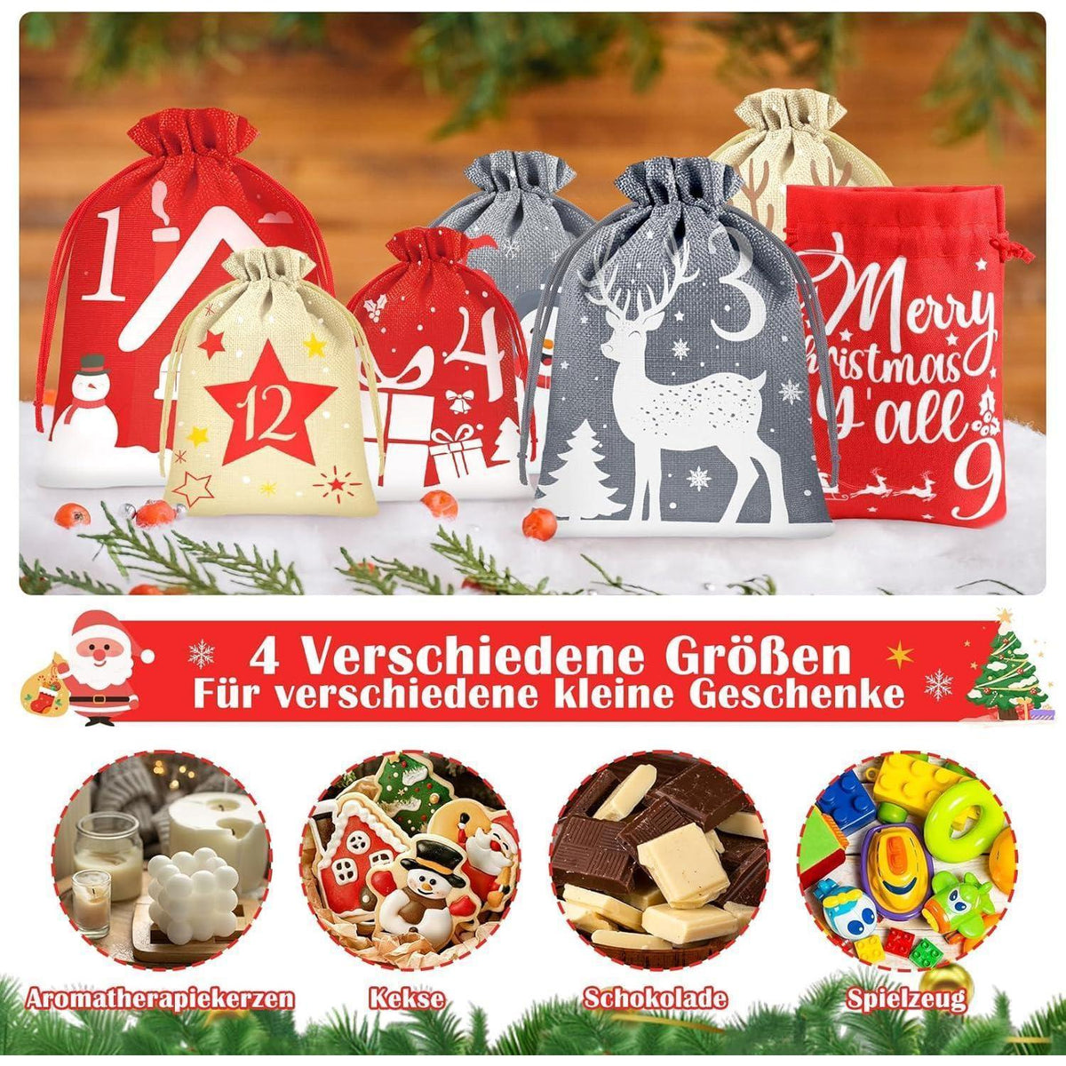 Adventskalender zum Befüllen 2026 – 24 Stoffbeutel mit Zubehör
