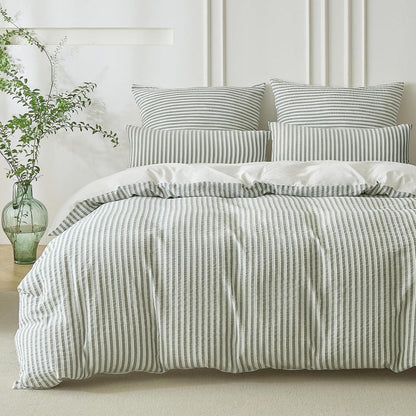 Bettwäsche-Set 135x200 Baumwolle Gestreift Salbeigrün & Weiß 4tlg.