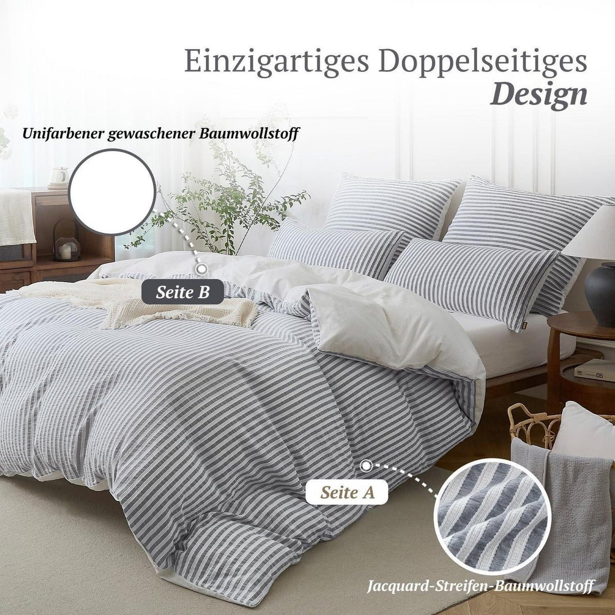 Bettwäsche-Set 135x200 Baumwolle Gestreift Blaugrau & Weiß 4tlg.