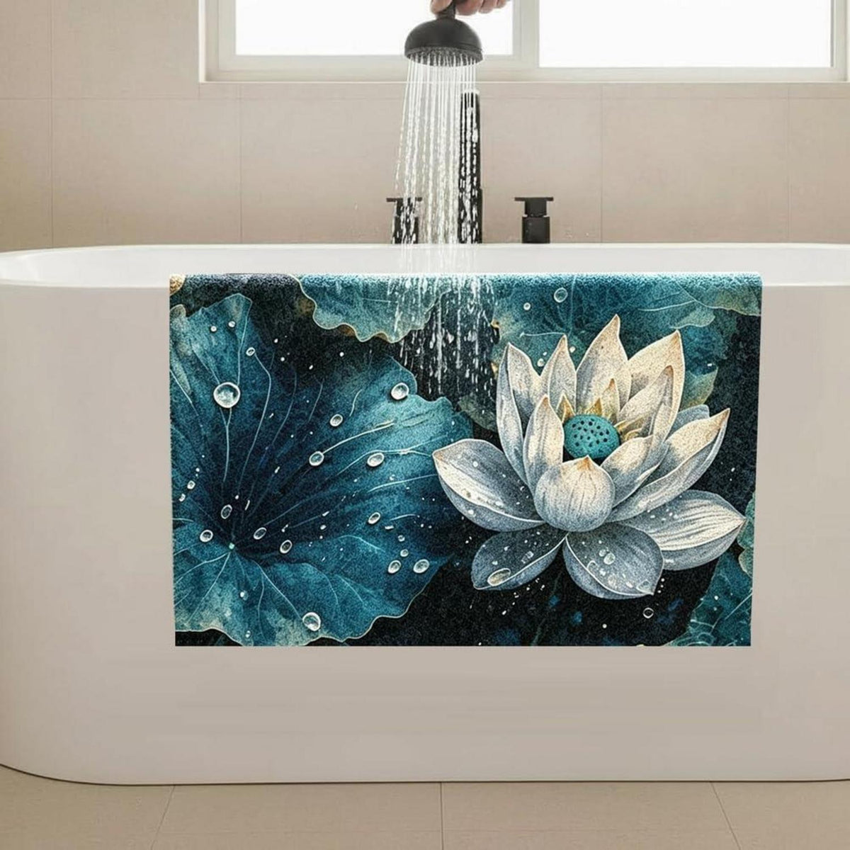 Rutschfeste Duschmatte 130x150 cm – Modernes Lotus-Muster