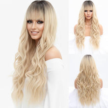 Gewellte Blonde Perücke mit Pony – Lang, Ombre Blond & Schwarz